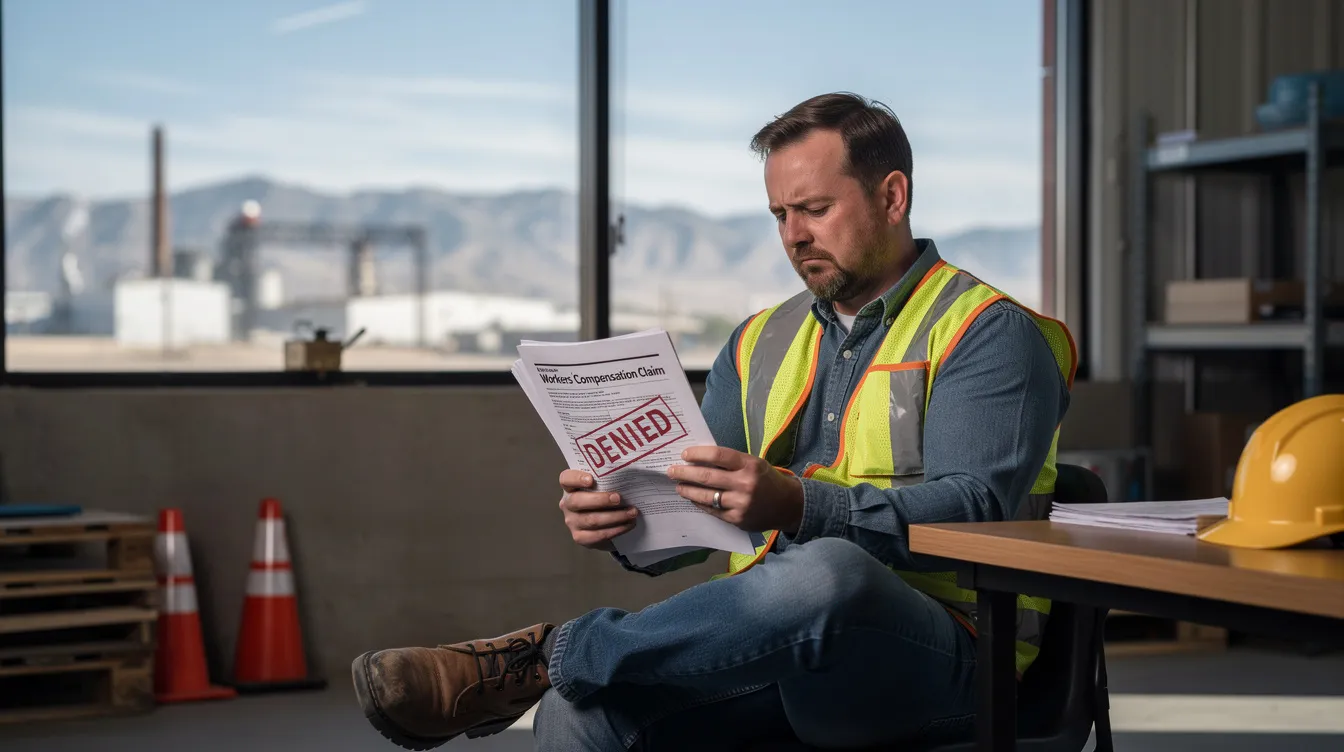 A frustrated Colorado worker sits at a table, reviewing denied workers' compensation paperwork amidst a scenic backdrop of Pueblo's mountains and industrial elements. The image captures the emotional toll of a denied workers comp claim, highlighting the complexities of the appeals process and the need for experienced legal support in navigating workers compensation benefits.