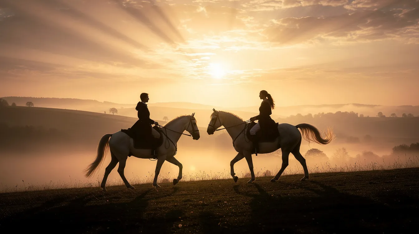 Zwei Reiter auf weißen Pferden reiten in einem goldenen Sonnenuntergang über eine sanfte Hügellandschaft, die eine märchenhafte Silhouette bildet. Diese Szene erinnert an die Abenteuer aus "Die Braut des Prinzen", in der Liebe und Mut im Fantasy-Genre zentral sind.