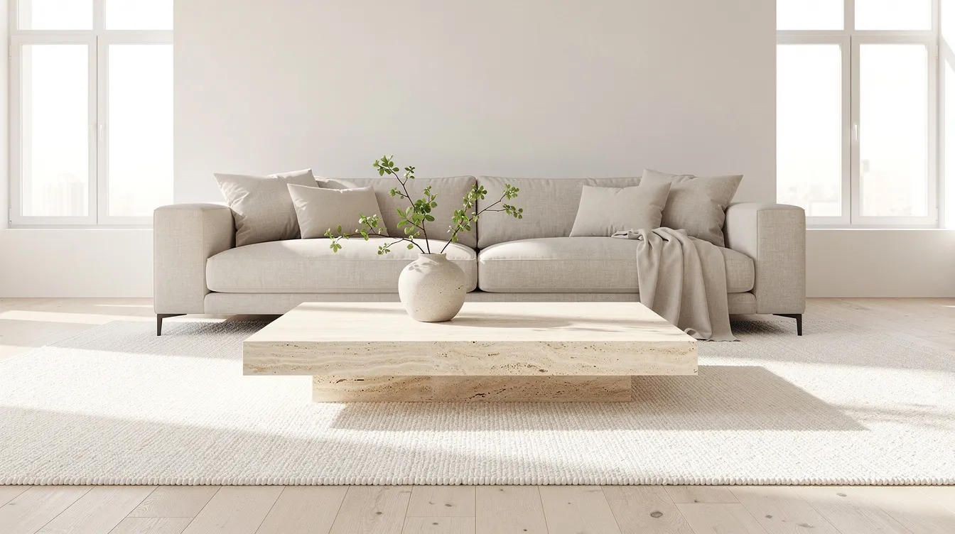 I ett elegant vardagsrum står ett lågt soffbord i travertin på en stor ljus matta framför en beige soffa. Rummet utstrålar en stilren känsla och kombinerar olika material för att skapa en harmonisk inredning.