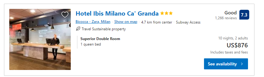 Reservation for Hotel Ibis Milano