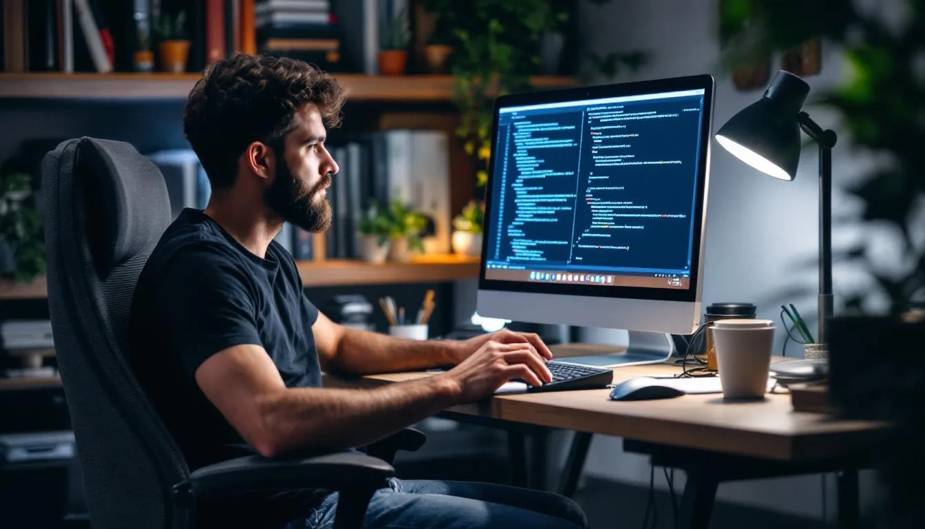 Programista pracujący przy komputerze, na którym wyświetlony jest kod, koncentruje się na projektowaniu aplikacji z wykorzystaniem systemu Microsoft Dynamics 365, który wspiera zarządzanie zasobami przedsiębiorstwa i optymalizację procesów biznesowych. W tle widać elementy biurowe, które tworzą profesjonalne środowisko pracy.