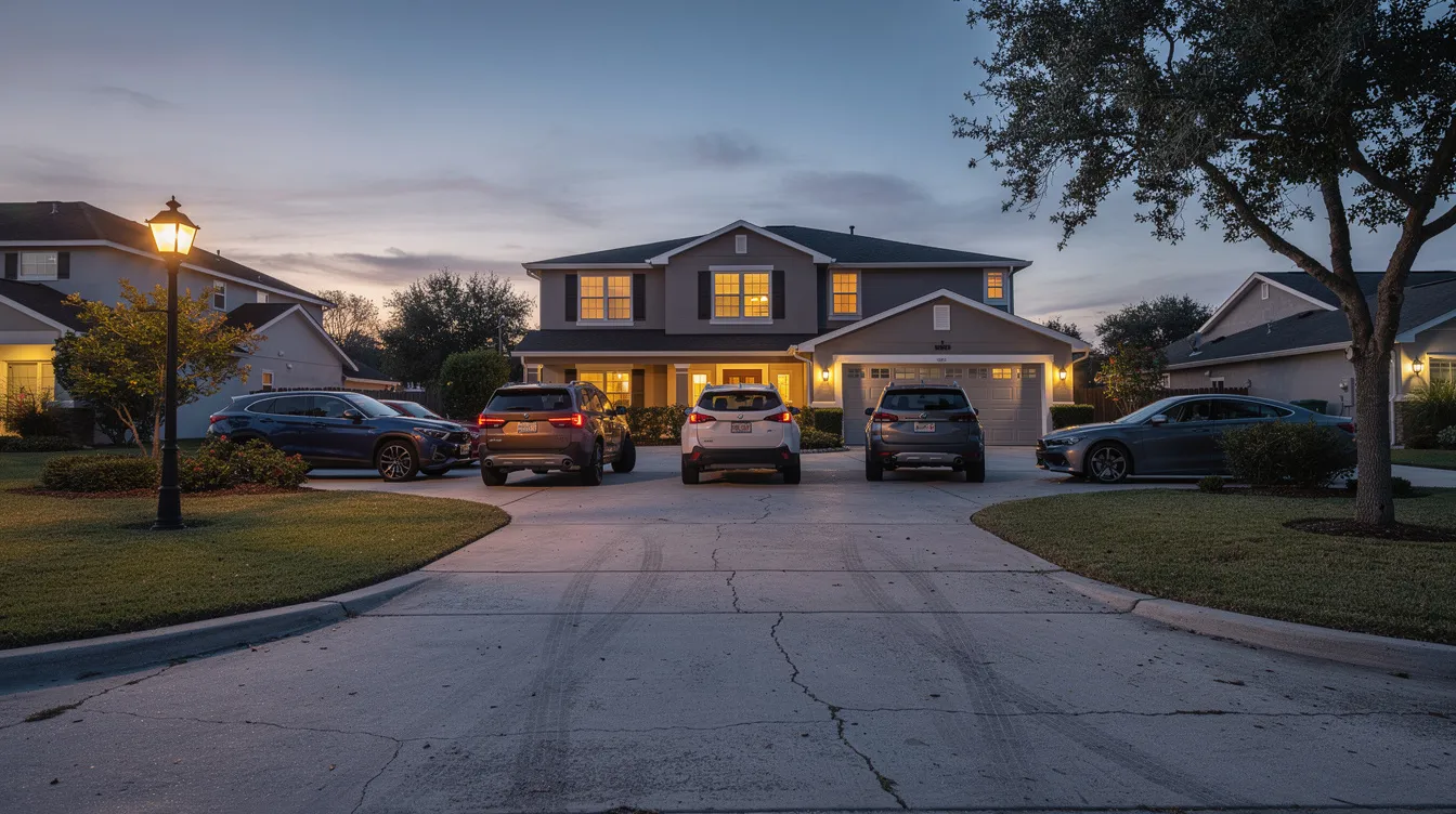 The image shows several cars parked in a residential driveway at dusk, with soft lighting illuminating the scene. This setting could be relevant for discussions about auto repair shops and the importance of commercial property insurance to protect customer vehicles and cover potential property damage.