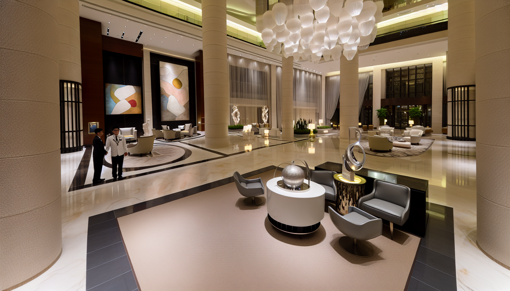 Luxurious hotel lobby with modern decor and ambient lighting