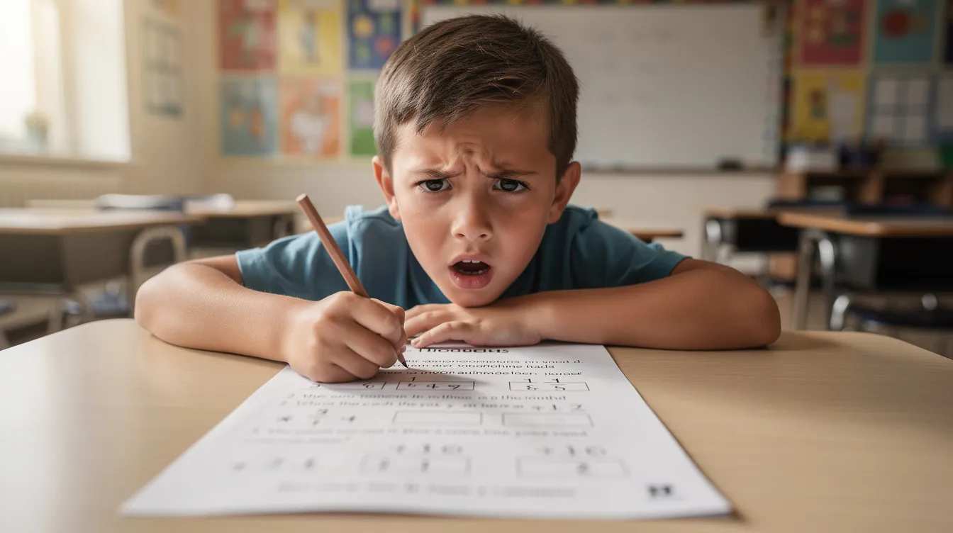A child, appearing puzzled, gazes at a multi-step math word problem on a worksheet, reflecting the challenges of comprehension and the importance of prior knowledge in school tasks. This moment highlights the struggle many young learners face in processing complex information and the support they may need from parents and teachers to enhance their understanding.