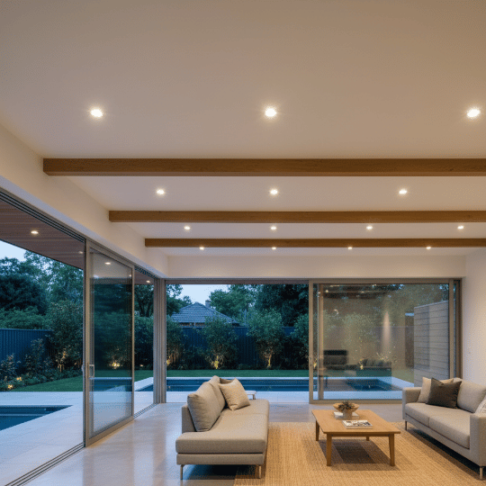 Evenly spaced recessed downlights set between wooden ceiling beams, providing clean ambient lighting as a chandelier alternative.