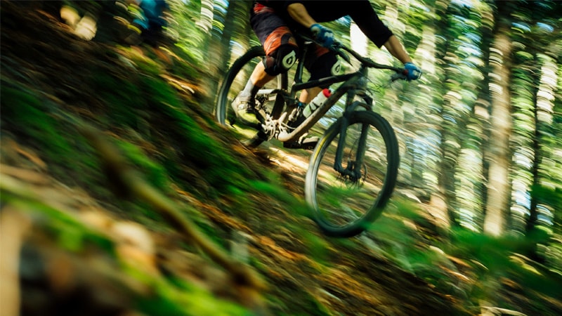 A person in a mountain bike going downhill
