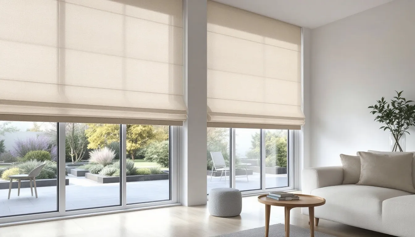 An elegant installation of Roman blinds in a stylish living room.