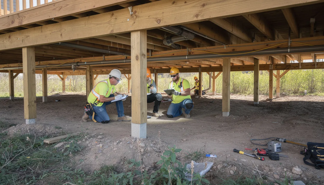 The image shows workers inspecting a subfloor space beneath a raised timber house, focusing on the existing piles and structural integrity. This crucial inspection is part of the house releveling process, which can involve costs of a few thousand dollars and is essential for ensuring compliance with local council regulations and building codes.
