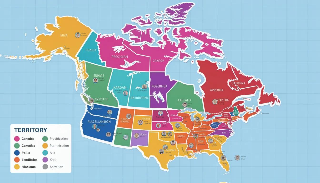 The image depicts a detailed map of Canada, highlighting the different provinces in distinct colors. This visual representation serves as a useful guide for Canadians considering buying a vehicle, as each province has its own regulations and requirements for vehicle inspections and registration.
