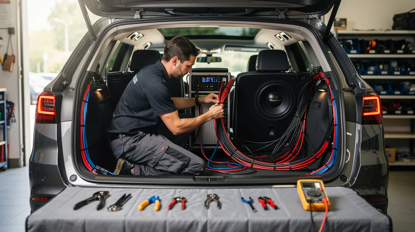 An installer is seen organizing various car audio wiring in the vehicle's cargo area, including speaker wires, power supply connections, and RCA cables. The setup involves ensuring proper connections between the car amplifier, car battery, and the ground wire to enhance sound quality and prevent issues like faulty amps or blown fuses.