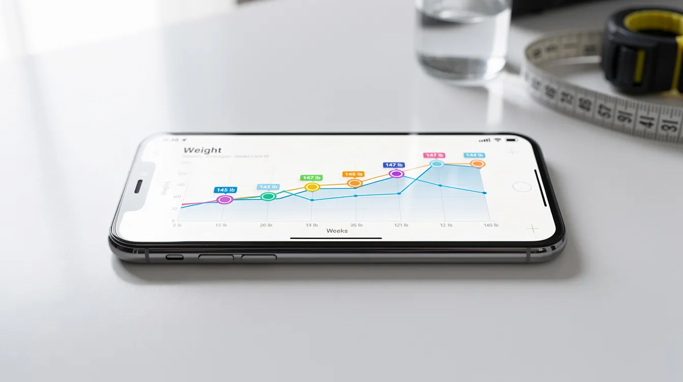 A smartphone screen displays a vibrant weight trend graph, showcasing weekly averages that help users track their current weight and monitor their wellness goals. The intuitive interface allows for easy data logging and understanding of weight measurements over time, supporting users in their health journey.