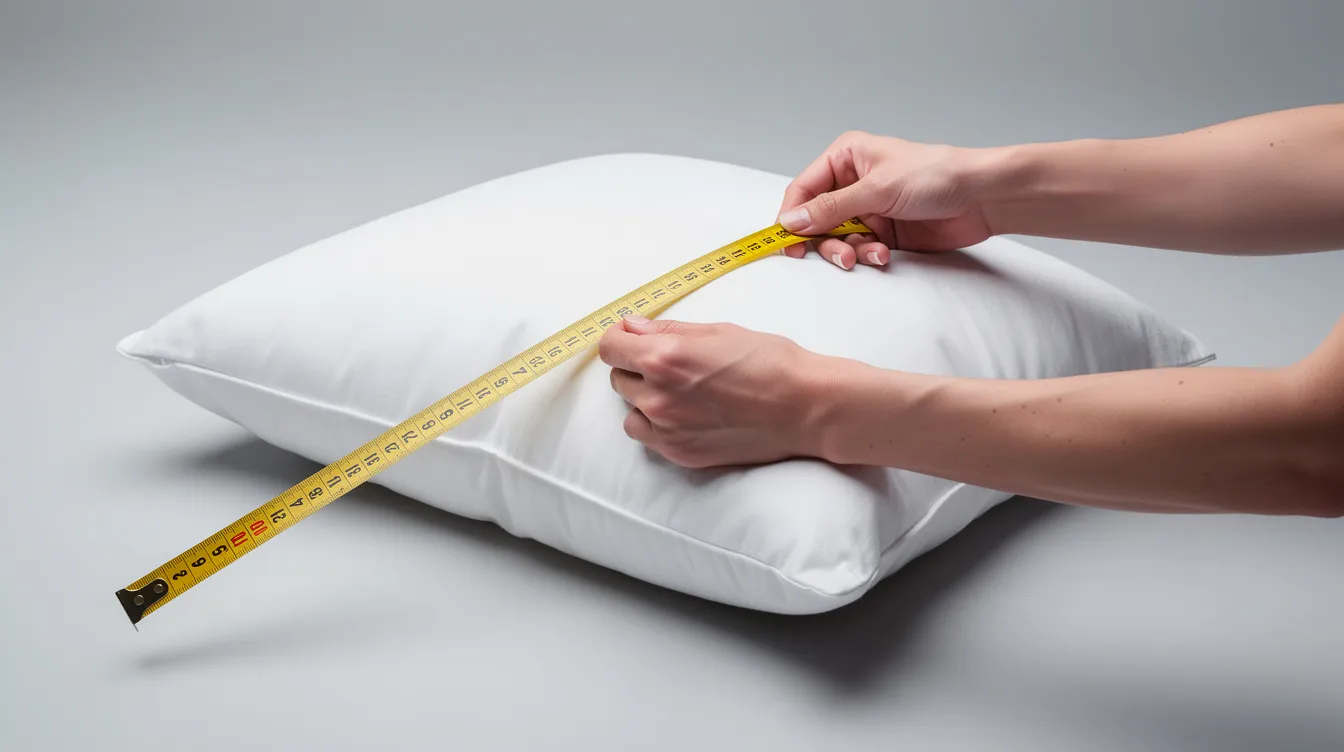 Een persoon meet met een geel meetlint de afmetingen van een wit kussen op een lichtgrijze ondergrond, wat helpt bij het vinden van de juiste maat kussensloop voor optimale nachtrust en comfort. De zorgvuldige meting is essentieel om de perfecte pasvorm te garanderen voor verschillende kussensloop maten.