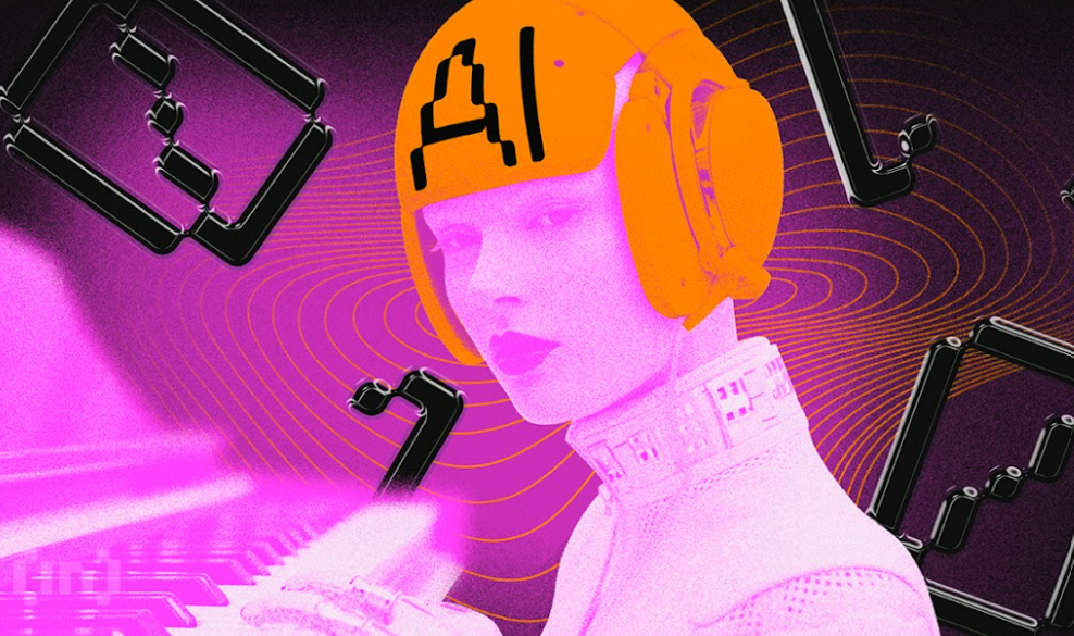 A retro-futuristic female android figure wearing an orange helmet marked with "AI," bathed in vivid magenta and pink tones, appearing to play a keyboard or control panel.