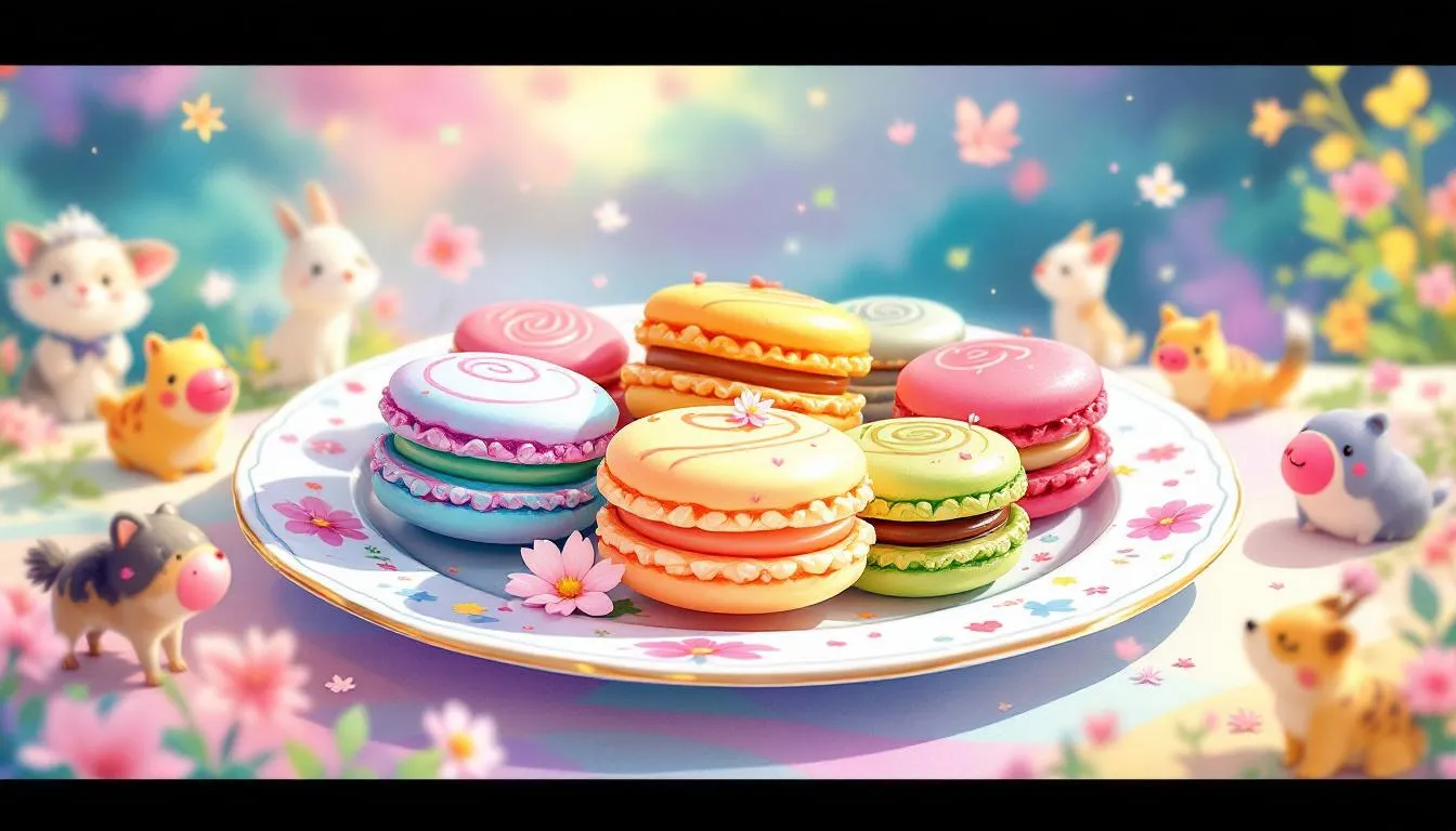 A selection of colorful macarons displayed on a plate, a delightful gift option.