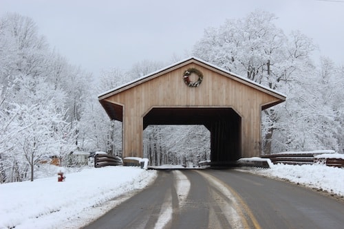 One of the many historic covered bridges leading to a charming New England village