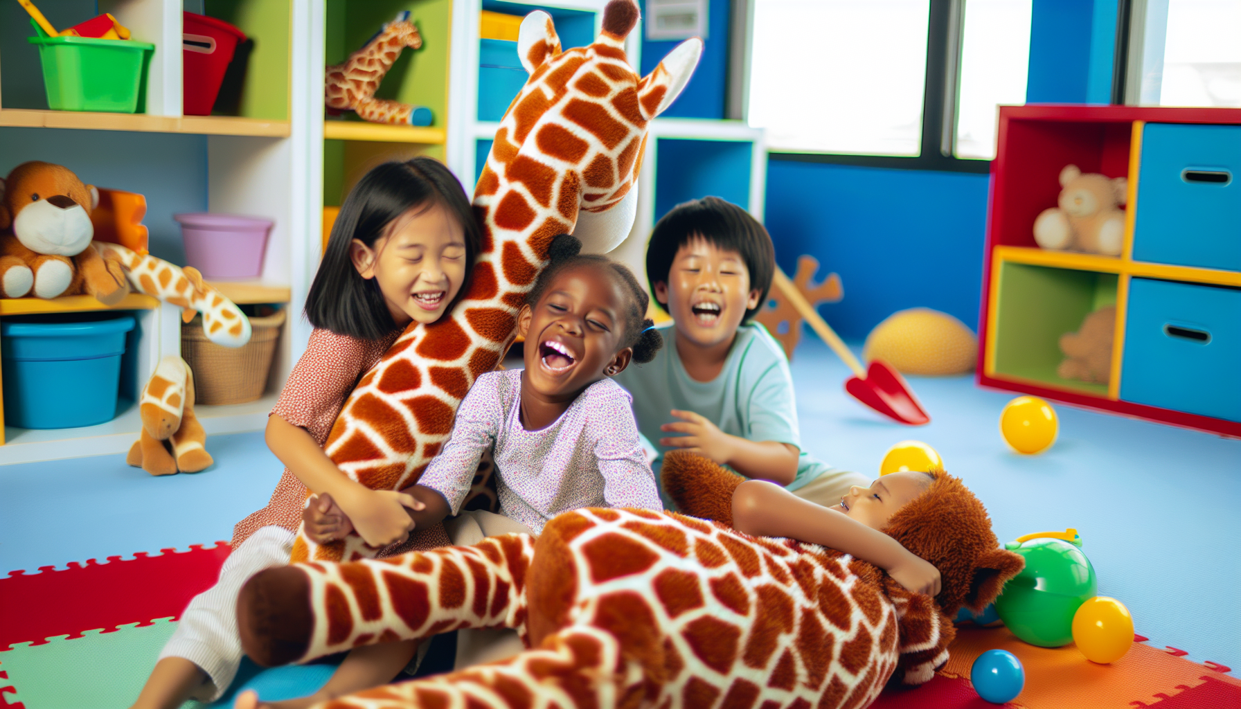 Children playing with a giraffe plush toy