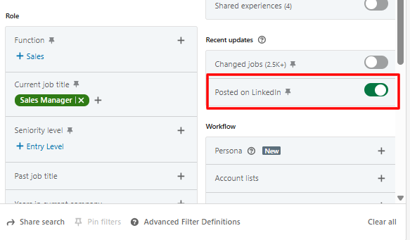 Sales Navigator dynamic filter showing Posted on LinkedIn option set to past 30 days
