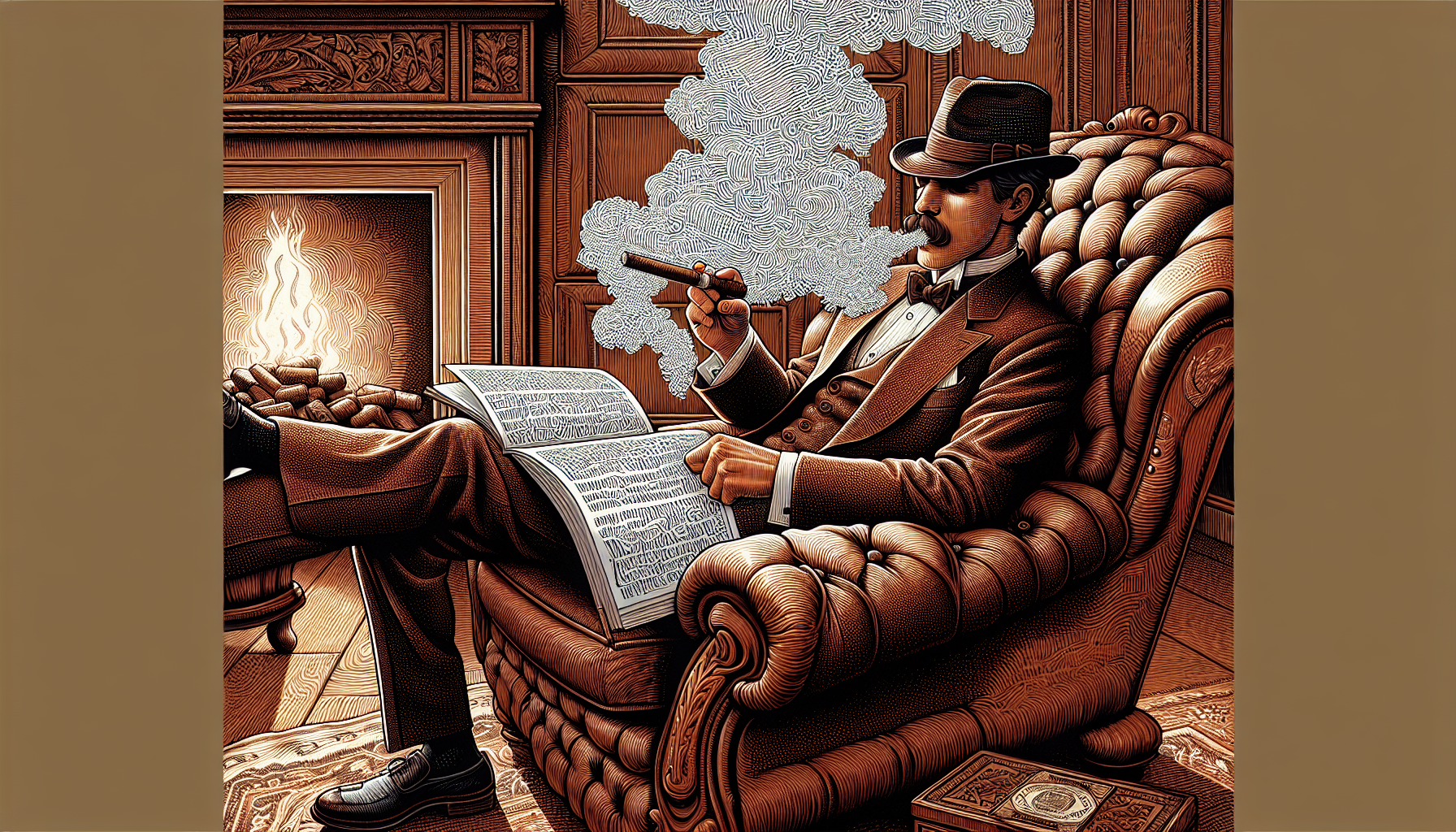 Illustration of a sophisticated man enjoying a cigar while reading a magazine