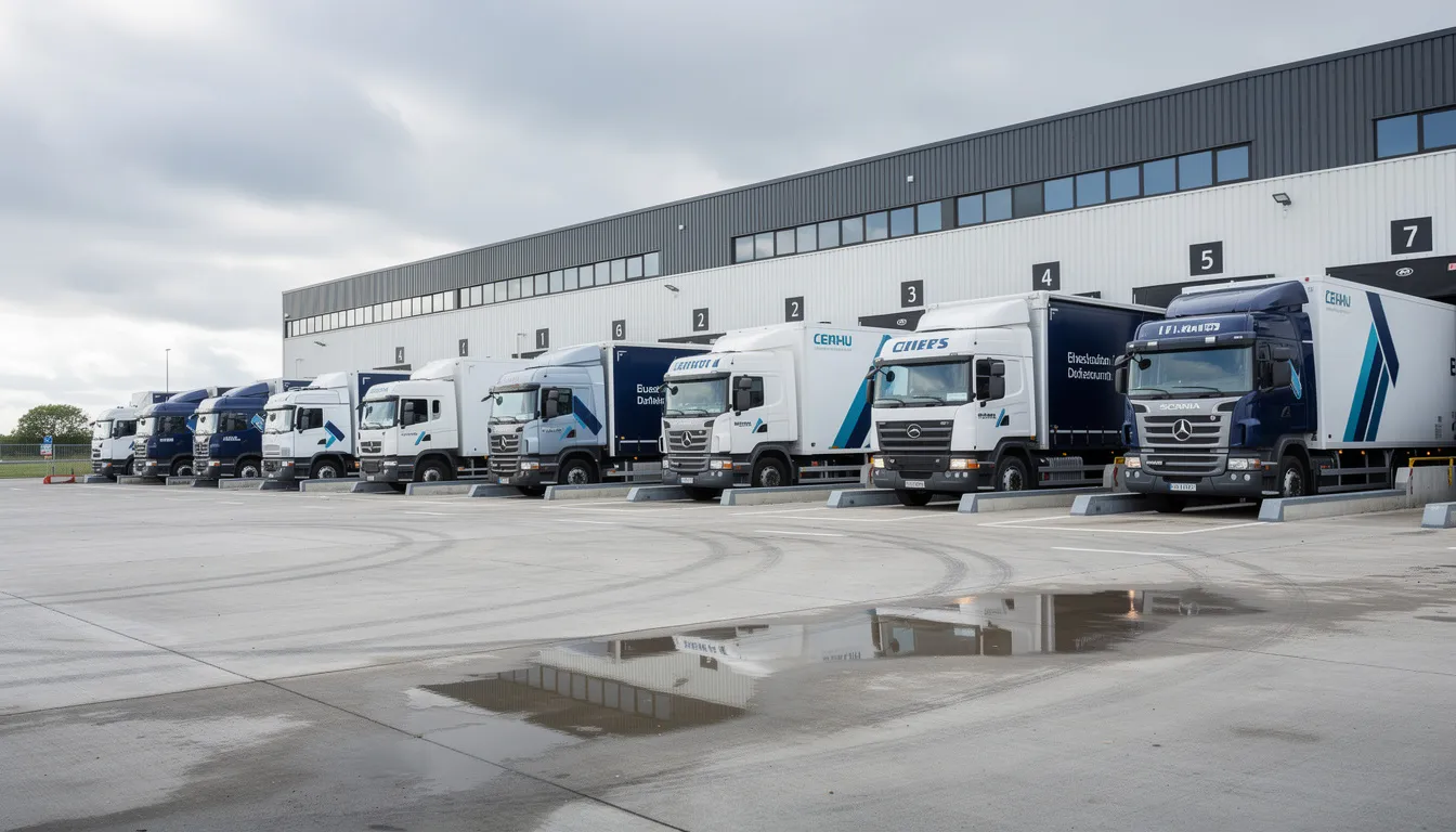 The image shows several commercial delivery trucks parked at an industrial loading dock, illustrating a bustling scene typical of the trucking industry. This setting highlights the importance of safety and adherence to federal regulations for truck drivers and trucking companies involved in commercial transportation.
