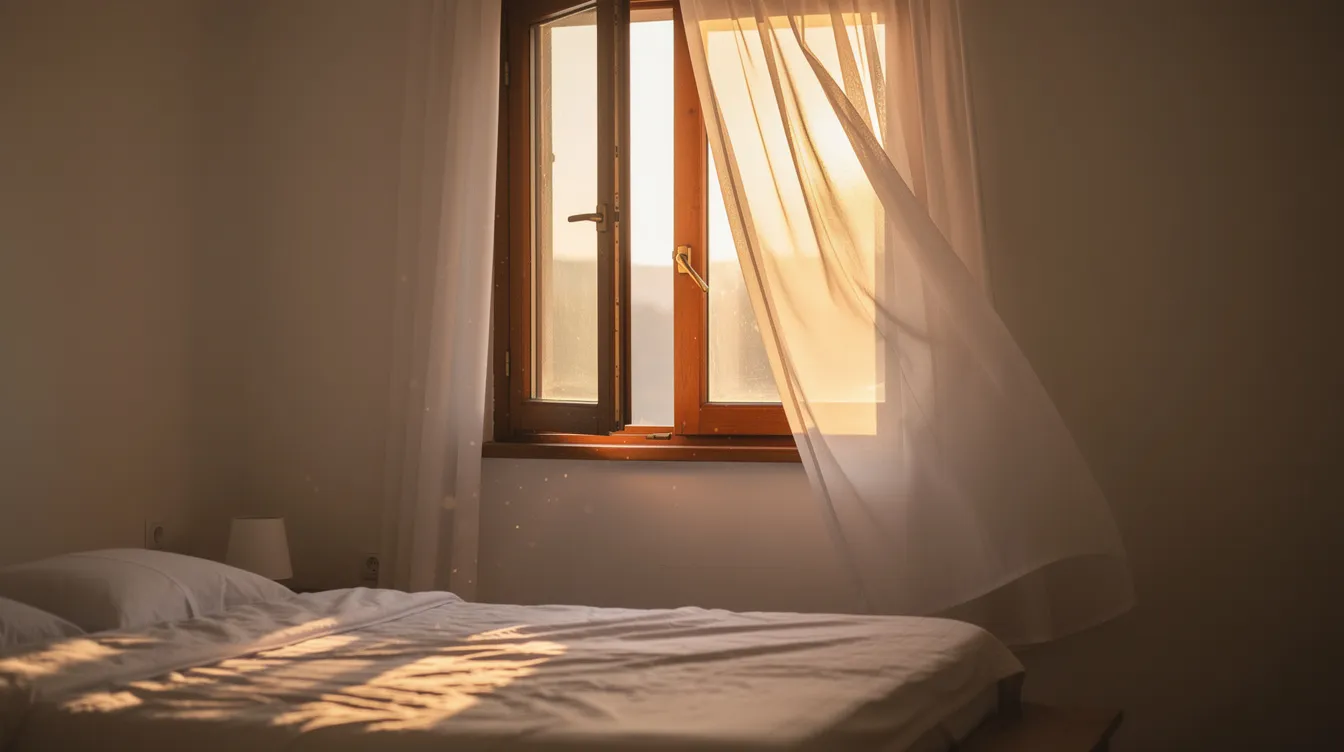 The image shows a bedroom window slightly ajar, allowing soft morning light to filter through sheer white curtains, creating a serene atmosphere that promotes good indoor air quality and restful sleep. This inviting scene suggests a fresh start to the day, essential for optimal sleep health and overall well-being.