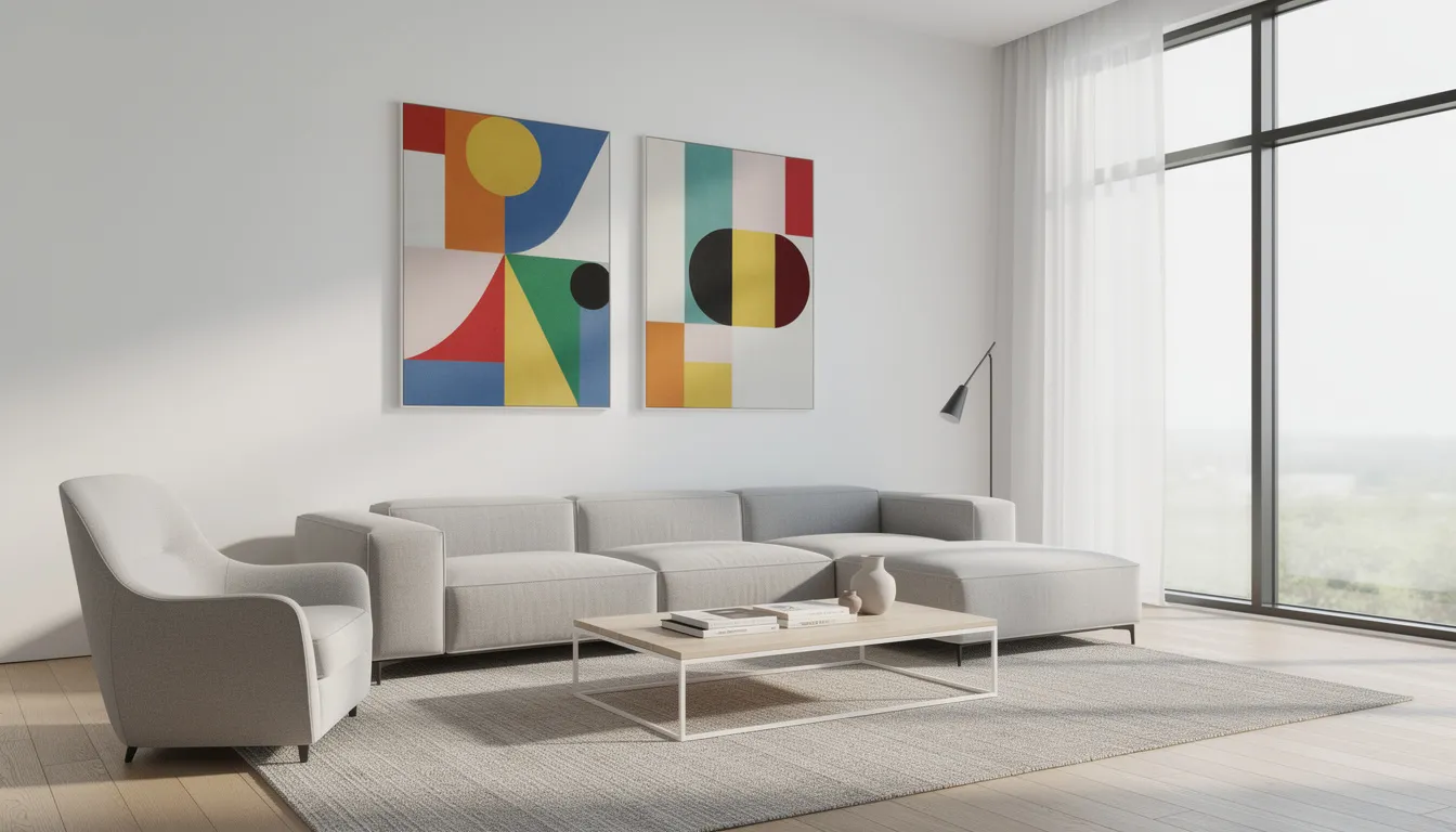 A contemporary living room features large abstract paintings adorning the white walls, complemented by stylish designer furniture that exudes elegance. This high-value space reflects a lifestyle that may require tailored cover through high net worth home insurance to protect valuable items and ensure proper coverage for high value properties.