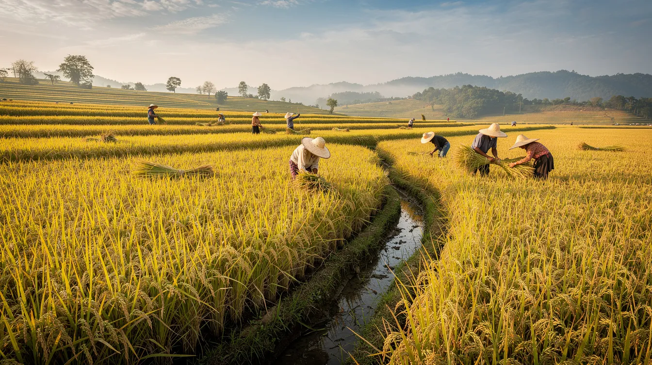 99d628bc f4b4 4cd7 bf38 9fd166ab9070 The image showcases golden paddy fields ready for harvest, with workers in the background actively engaged in the harvest season. These lush fields symbolize the vital role of paddy procurement in the rice industry, highlighting the importance of efficient processing and the contributions of rice mills.