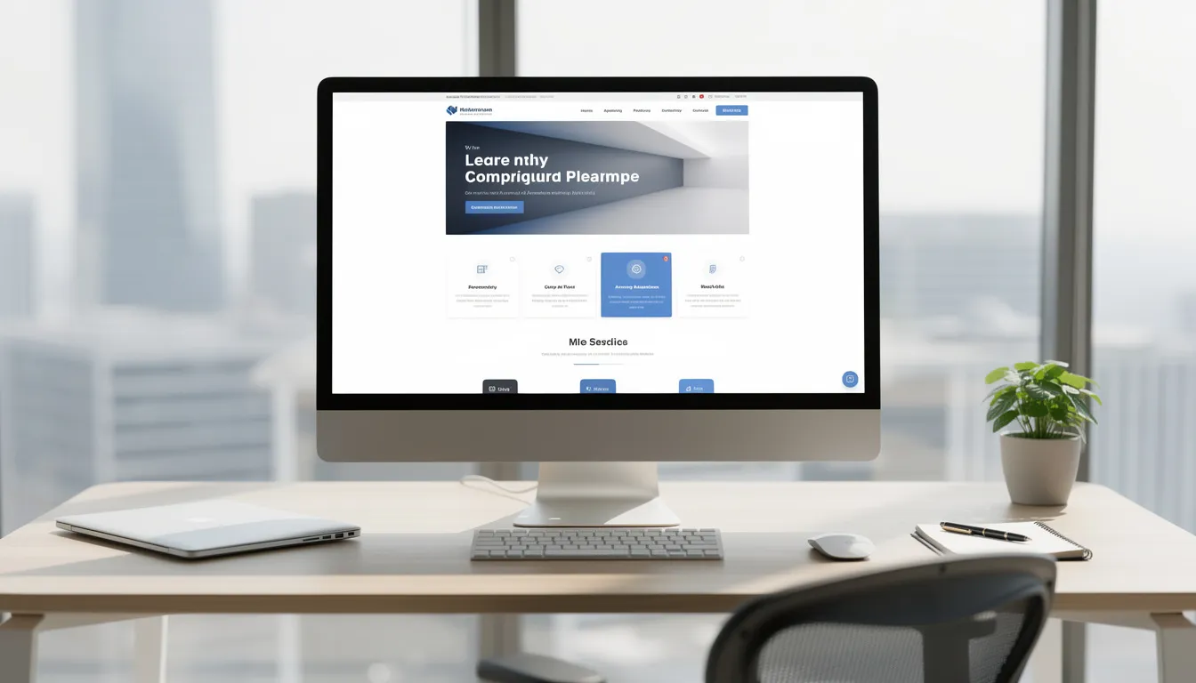 The image depicts a modern office workspace featuring a sleek computer displaying a professional website design, emphasizing digital marketing strategies such as search engine optimization and local SEO for small businesses. This setup reflects the importance of creating well-structured content to enhance website traffic and visibility in Google search results.