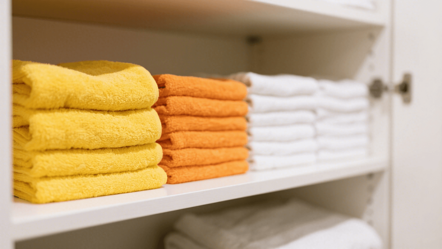 Colorful towels are neatly folded inside the cabinet.