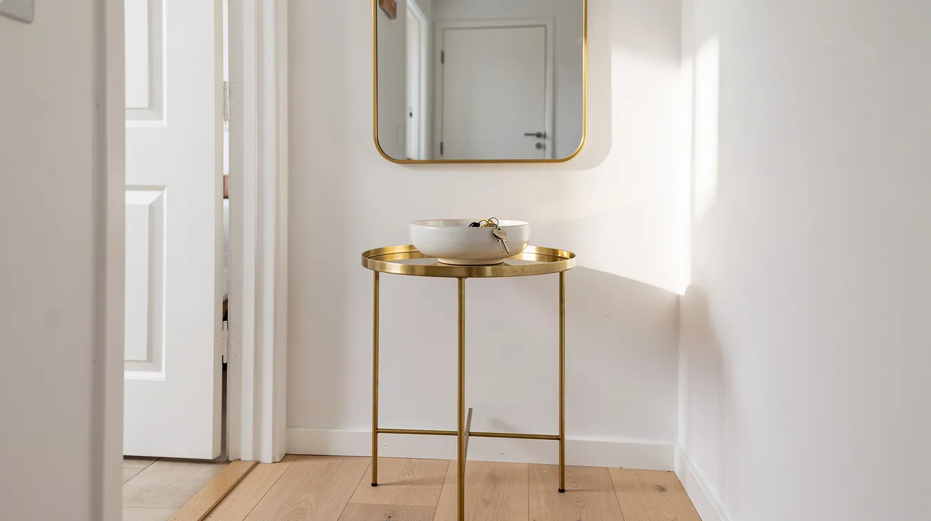 Ett smalt sidobord i mässing står i en ljus hall, omgiven av en spegel och en nyckelskål. Bordets eleganta design ger rummet en modern känsla och passar perfekt in i olika inredningsstilar.