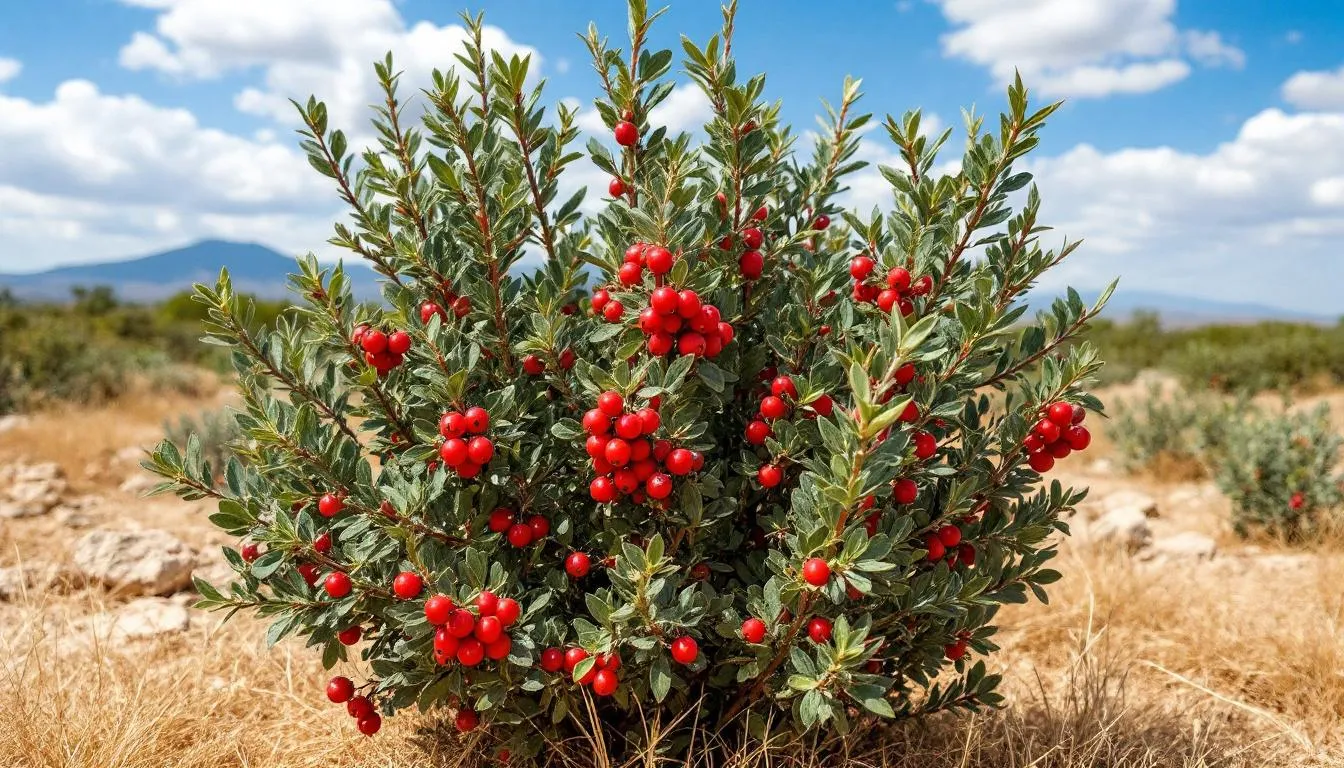 The image depicts a butcher's broom plant, characterized by its small green leaves and vibrant red berries, thriving in a Mediterranean landscape. This small evergreen shrub is known for its potential benefits in improving blood circulation and relieving symptoms associated with conditions like chronic venous insufficiency and varicose veins.