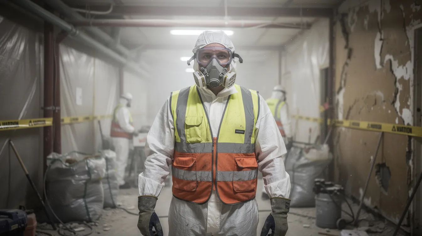 Un ouvrier portant un équipement de protection respiratoire travaille sur un chantier de désamiantage, s'assurant de la sécurité face aux risques liés à la présence d'amiante dans les matériaux. Ce type de chantier nécessite un diagnostic amiante préalable pour garantir la santé des occupants et des travailleurs.