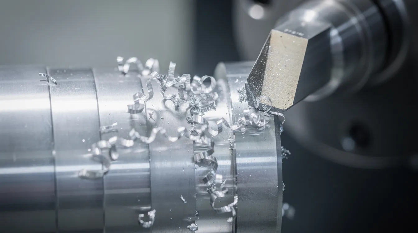 The image shows a close-up view of metal chips curling off a CNC lathe cutting tool during a turning operation on an aluminum workpiece, highlighting the chip formation and flow as the cutting tool with a correct rake angle efficiently removes material. The scene captures the cutting edge in action, demonstrating the relationship between chip evacuation and the tool's geometry in achieving a smooth surface finish.