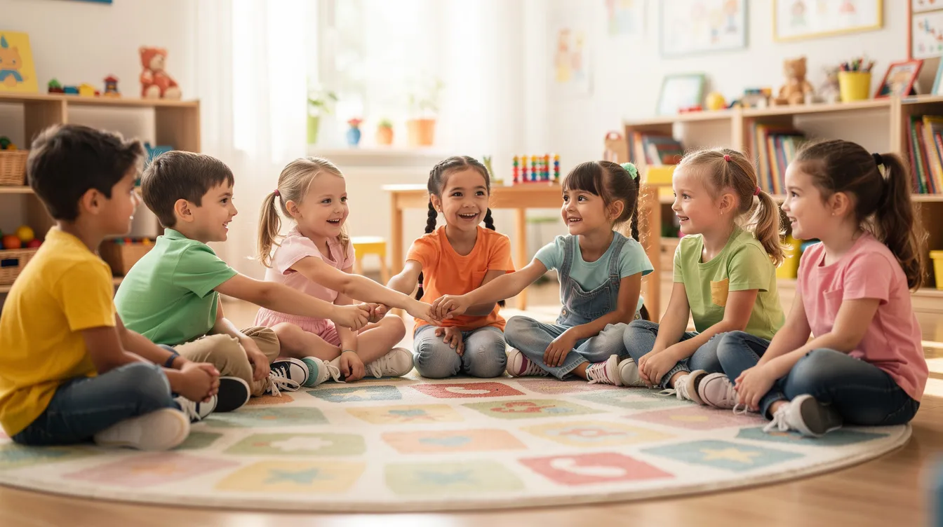Na dywanie w przedszkolnej sali dzieci trzymają się za ręce, tworząc krąg podczas zabawy integracyjnej, co sprzyja budowaniu poczucia bezpieczeństwa i pozytywnych relacji w grupie. W takiej atmosferze dzieci uczą się wsp&oacute;łpracy i nawiązywania więzi z r&oacute;wieśnikami, co jest istotnym elementem pracy dydaktyczno wychowawczej.
