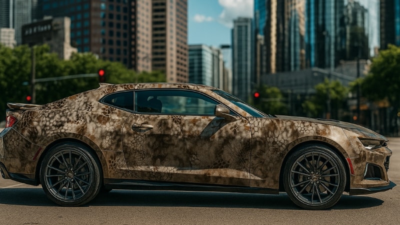 A car wrapped kryptek-styles camouflage wrap