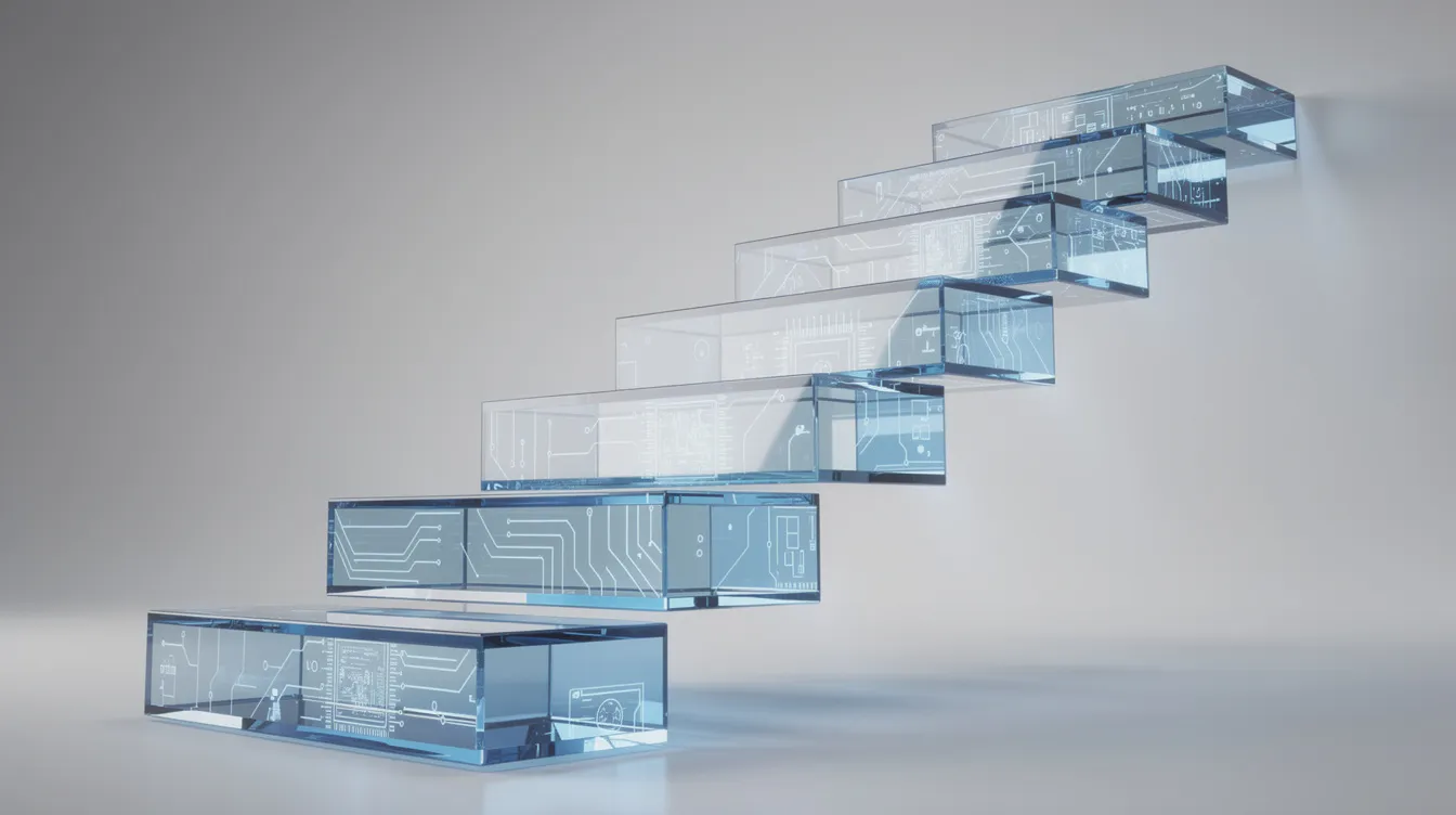 The image features an ascending staircase constructed from translucent blue blocks, symbolizing progressive stages of technological maturity in security operations. This visual metaphor highlights the evolution of modern security operations centers, where AI tools and agentic AI capabilities enhance threat detection and response, ultimately supporting security teams in managing cyber threats more efficiently.