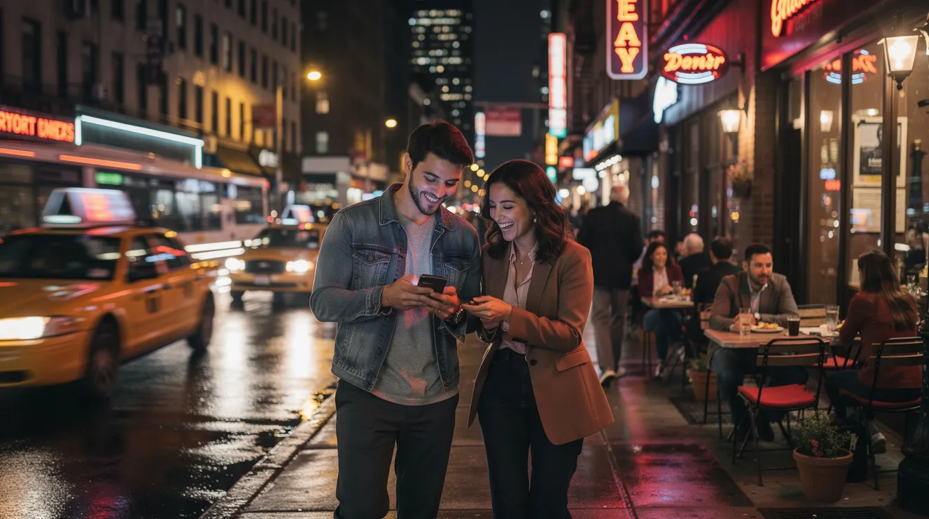 The image depicts a cozy coffee shop in New York City, where a couple is enjoying their first date, engaged in deep conversation. The vibrant NYC dating scene is evident, showcasing the emotional energy and hope for meaningful connections amidst the bustling atmosphere of the city.