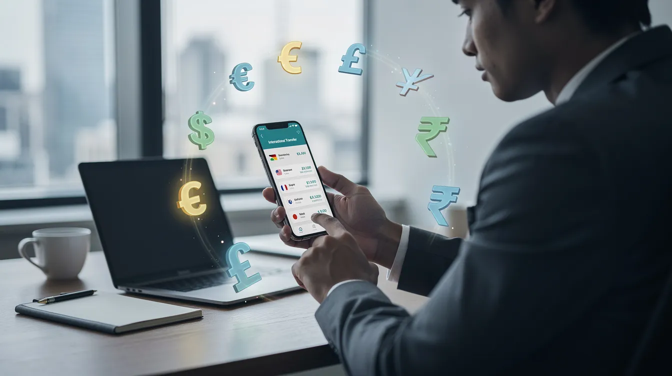 An individual is seated at a desk, engaging with a smartphone to facilitate an international money transfer, surrounded by floating currency symbols. This scene highlights the convenience of services like those offered by Kotak Mahindra Bank for international remittances.