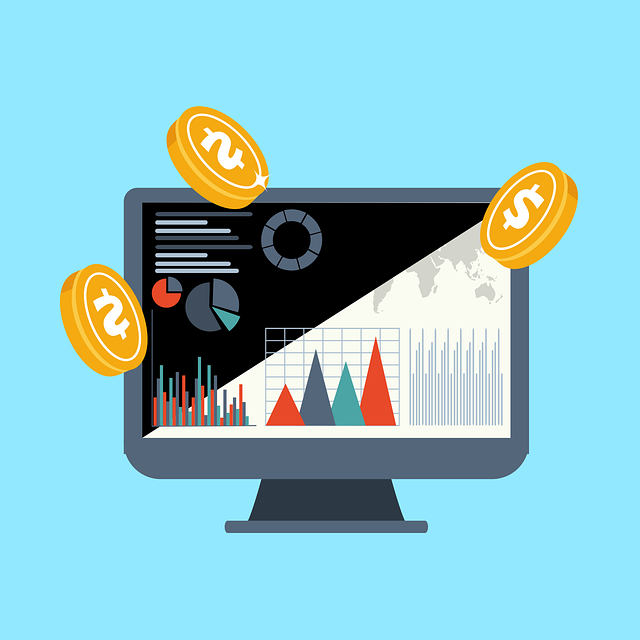 Illustration of a computer screen showing graphs with coins in front of it 