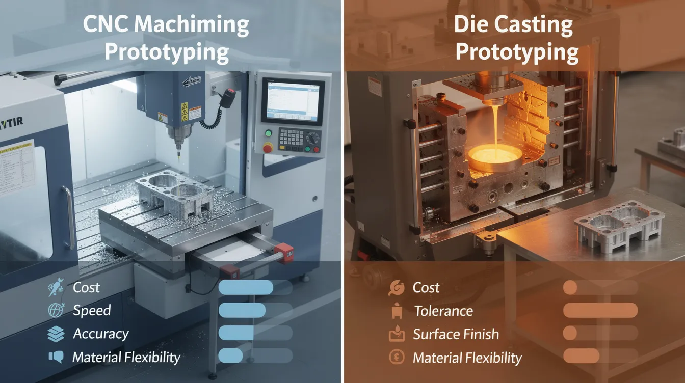 The image illustrates the comparison between CNC machining and die casting prototyping, highlighting their respective manufacturing processes. It features CNC machined parts alongside die cast parts, emphasizing aspects like production speed, tooling costs, and the ability to achieve tight tolerances for complex shapes in high volume production runs.