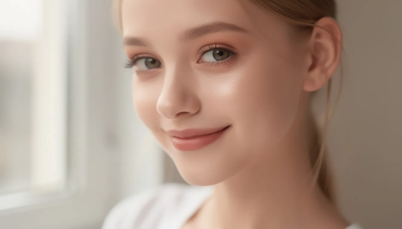 Na zdjęciu widać nastolatkę z promienną, zdrową cerą, która uzyskała taki efekt po serii profesjonalnych zabiegów oczyszczania twarzy. Jej skóra wygląda na dobrze nawilżoną i wygładzoną, co świadczy o skutecznej regeneracji oraz głębokim oczyszczeniu, usuwając martwe komórki naskórka i zanieczyszczenia.