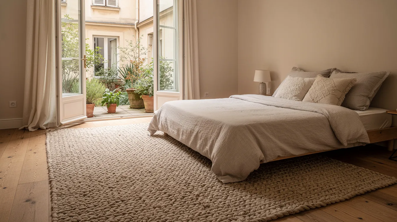 Chambre calme avec un grand tapis et des coussins, ouverte sur une cour intérieure