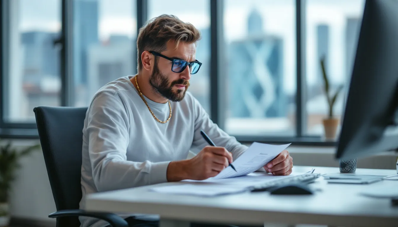 In der Abbildung ist ein Mitarbeiter zu sehen, der konzentriert an seinem Arbeitsplatz die Arbeitszeitdokumentation ausfüllt, um den Dokumentationspflichten des Arbeitgebers nachzukommen. Die Szene verdeutlicht die Bedeutung der Arbeitszeiterfassung und die Einhaltung des Arbeitszeitgesetzes am Arbeitsplatz.