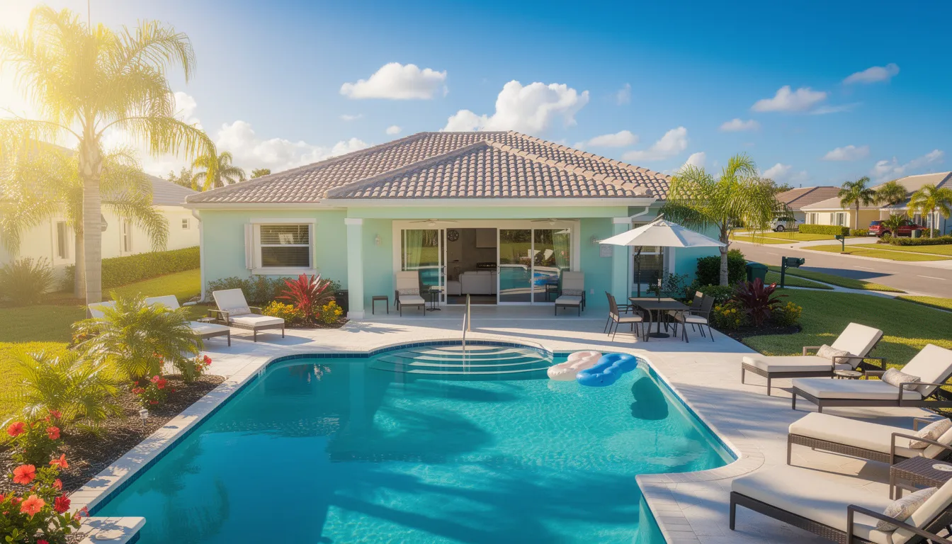 Casa de alquiler vacacional con piscina en un soleado vecindario de Florida, ideal para disfrutar del clima cálido y las oportunidades de inversión inmobiliaria en Estados Unidos. Este hogar ofrece un ambiente relajante y atractivo para turistas y potenciales inversores en bienes raíces.