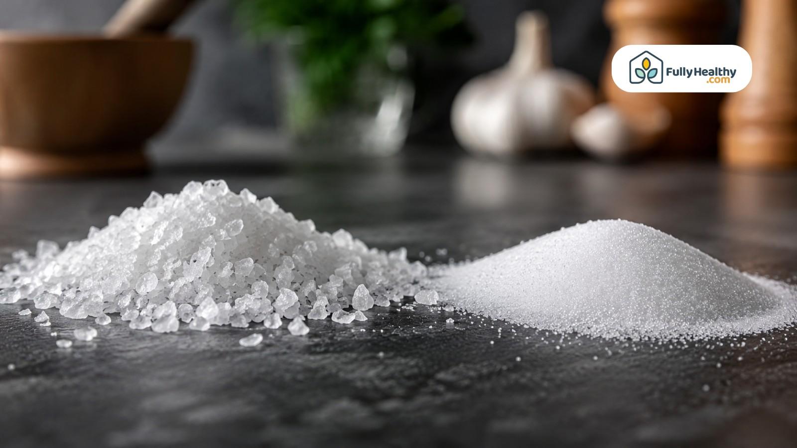 Close-up comparison of coarse kosher salt flakes and fine iodized salt crystals