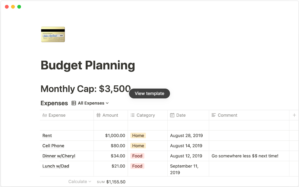 budget planning notion template