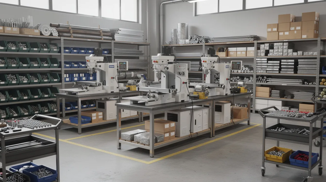 99eca691 53f9 4c50 a238 81d4b0cf365c The image depicts a manufacturing workshop filled with small machinery and shelves organized with various raw materials, showcasing a space where micro enterprises can engage in production activities. This environment supports the growth and development of beneficiary micro units, essential for income-generating activities and financial assistance under schemes like the Pradhan Mantri Mudra Yojana.