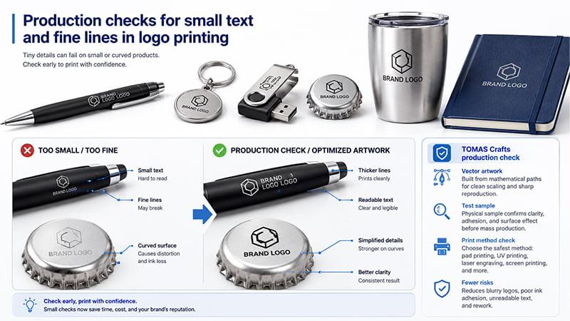 Production checks for small text fine lines logo size and print clarity on pens keychains bottle caps drinkware and notebooks
