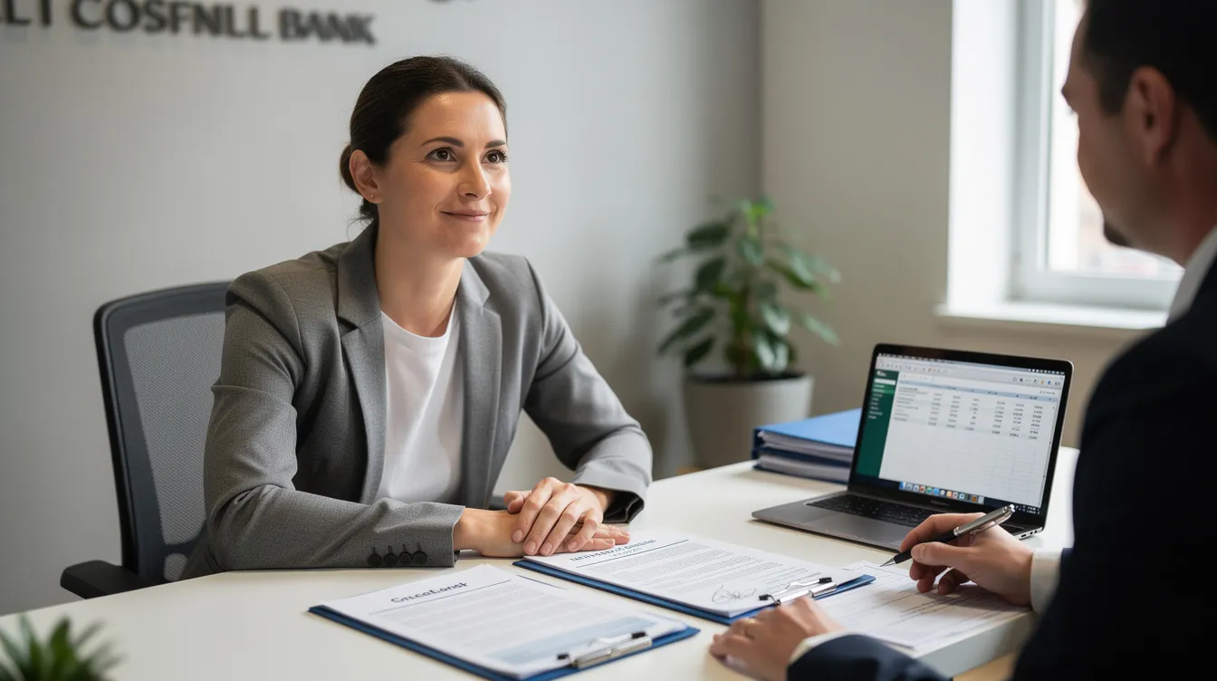 99f00487 5149 47ad a811 ee079528623a A small business owner sits at a bank desk, surrounded by documents and a laptop, exuding hope as they explore financial assistance options like mudra loans to support their business plan. The atmosphere suggests a focus on securing unsecured loans for their micro enterprise, reflecting a satisfactory credit track record and the potential for future success.