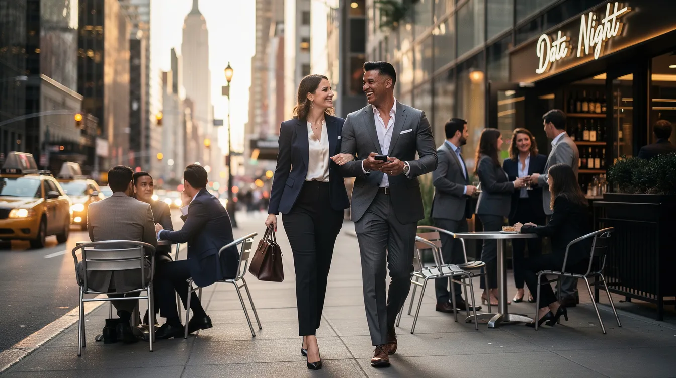 The image depicts a vibrant scene of young professionals in New York City engaging in conversation at a trendy café, embodying the modern dating scene. This bustling environment reflects their career ambitions and the pursuit of meaningful relationships amidst the demands of city life.