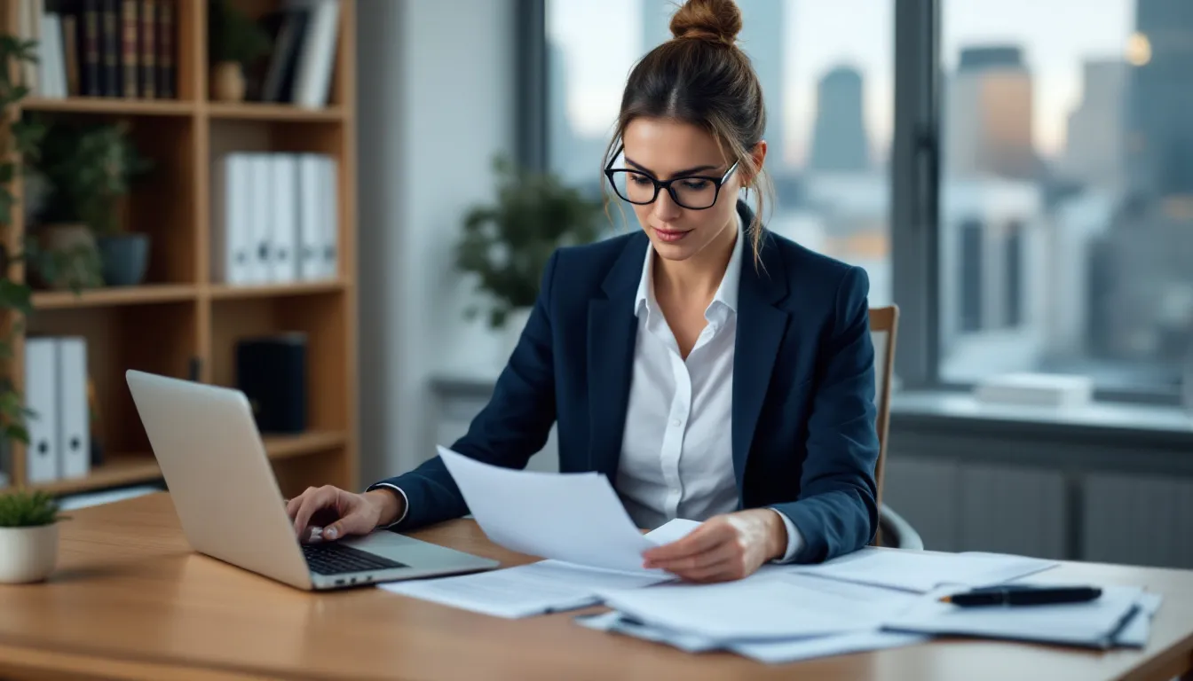 A professional is seated at a desk, meticulously reviewing various legal documents and insurance paperwork, including a life insurance policy and a deferred compensation agreement. The scene highlights the importance of supplemental executive retirement plans and their role in ensuring future benefit payments for key executives.